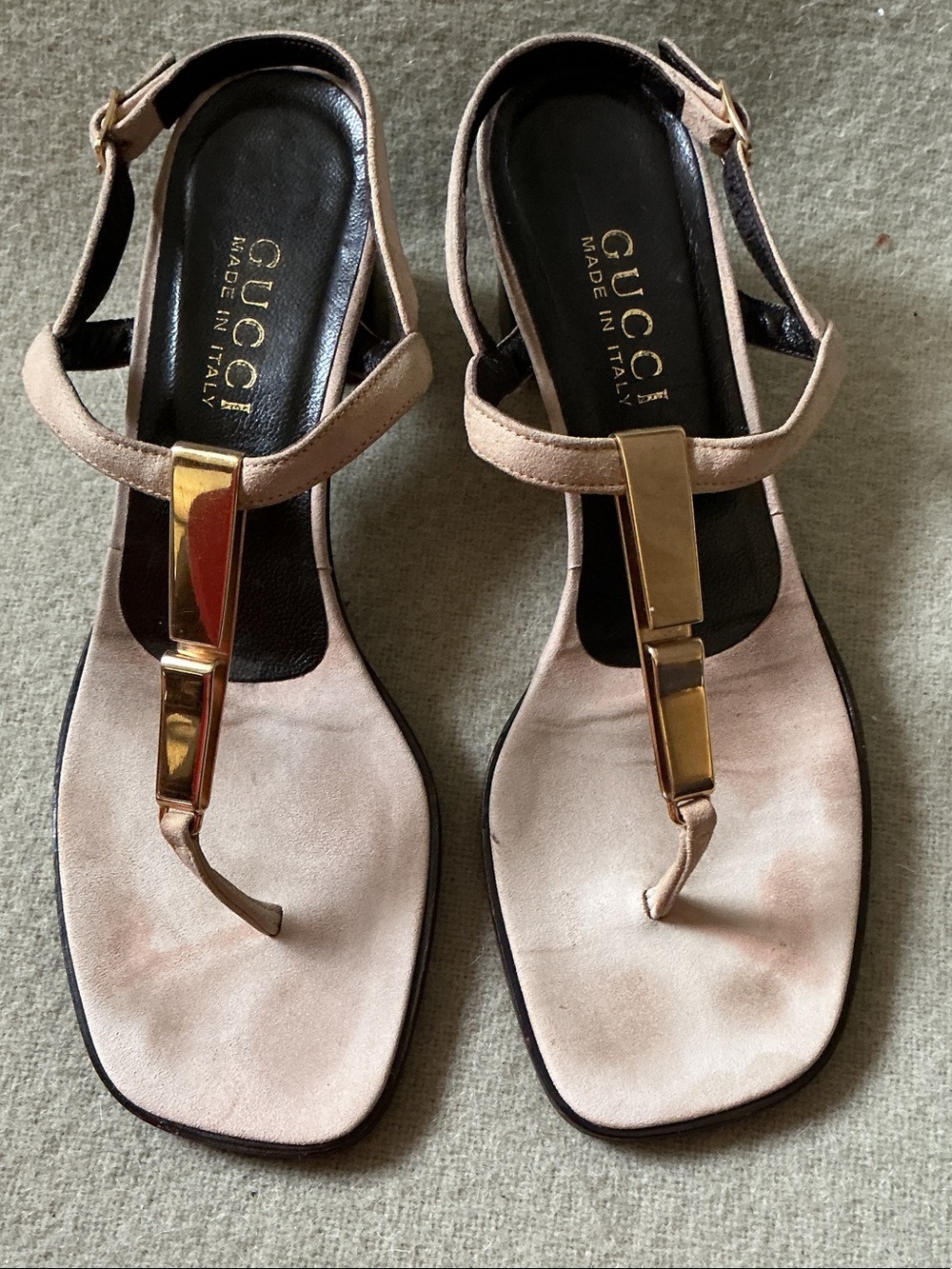 Gucci Beige Suede T-Strap Sandals with Gold Hardware
